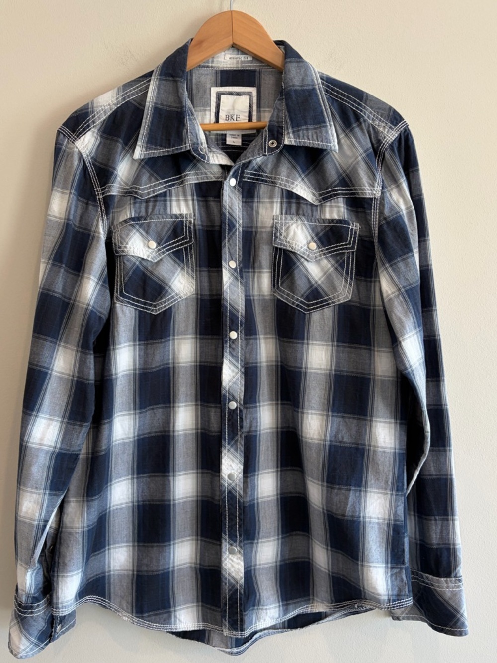 New Condition  BKE Western Shirt With Snap buttons and White Stitching. Sz.L